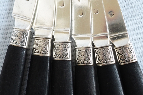 Set of 12 sterling silver Louis XVI style fruit knives, ebony handles