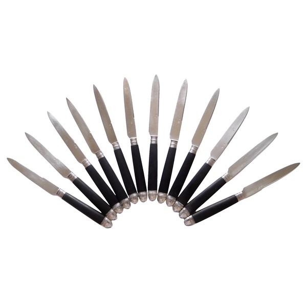 12 Louis XVI style fruits knives, ebony handle and sterling silver blade