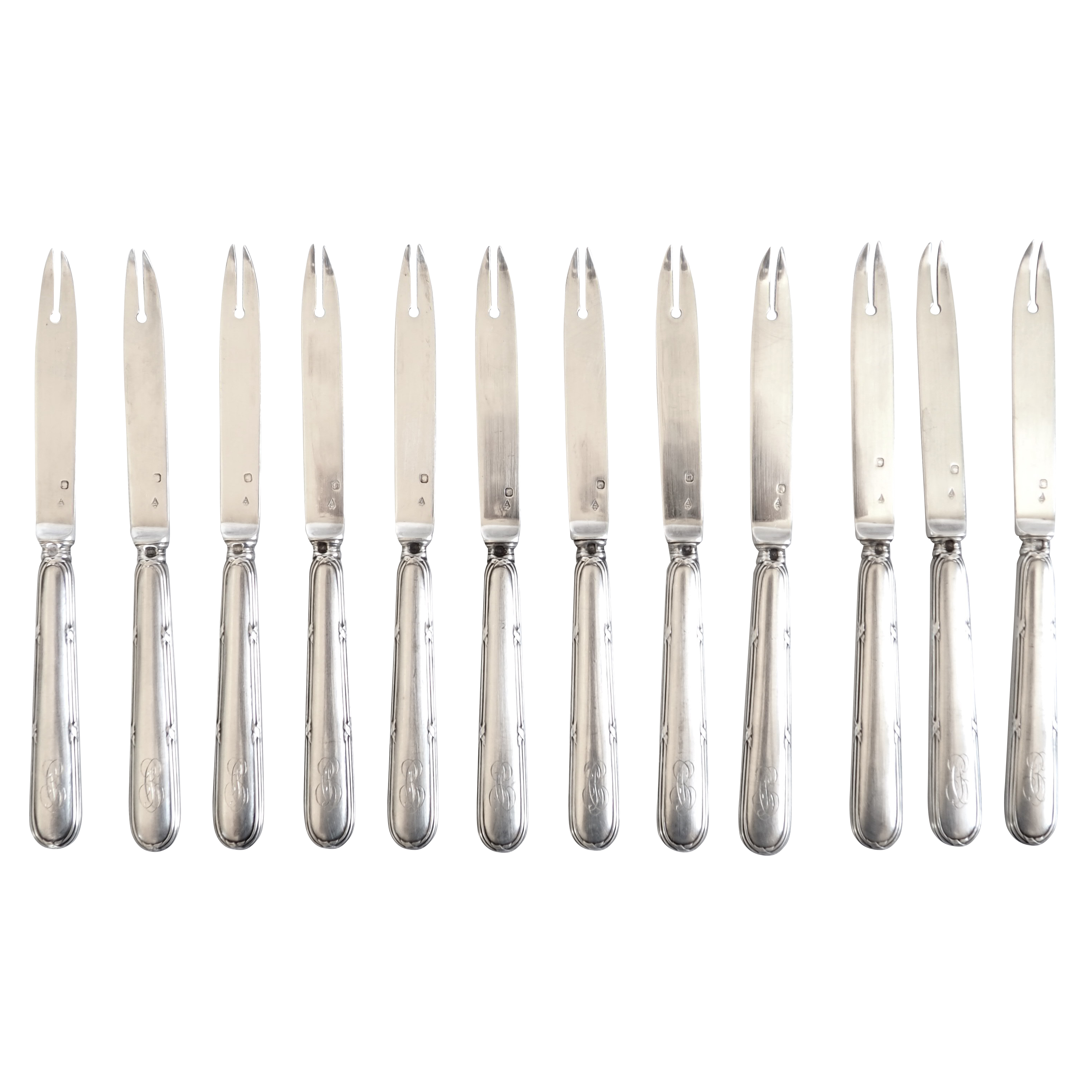 Olier & Caron : set of 12 sterling silver melon knives / forks