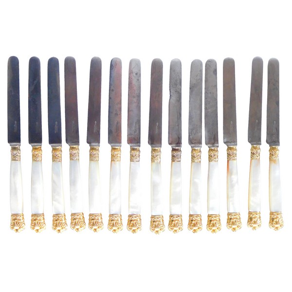 14 mother of pearl and vermeil table knives, Gavet - King's cutlery manufacturer - early 19th century