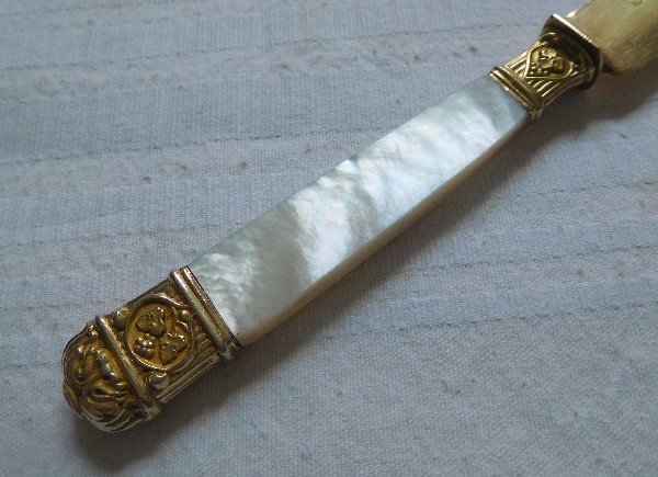 Antique French 12 vermeil & mother of pearl fruit knives, 19th century circa 1830