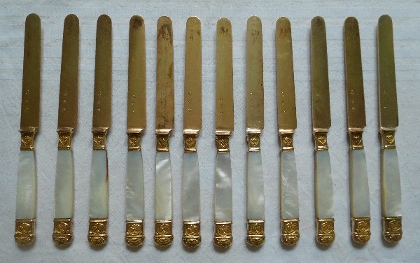 Antique French 12 vermeil & mother of pearl fruit knives, 19th century circa 1830