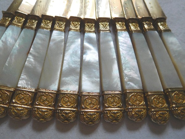 Antique French 12 vermeil & mother of pearl fruit knives, 19th century circa 1830