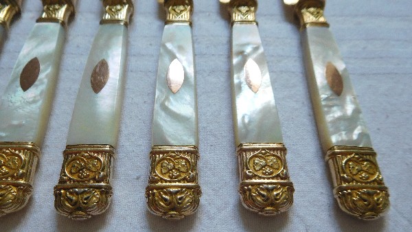 Antique French 12 vermeil & mother of pearl fruit knives, 19th century circa 1830