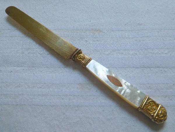 Antique French 12 vermeil & mother of pearl fruit knives, 19th century circa 1830