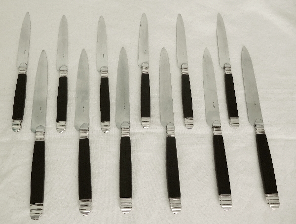 12 ebony and sterling silver knives, early 19th century style