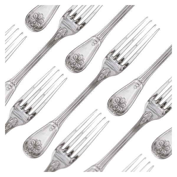 Odiot / Puiforcat : 12 sterling silver table forks, French Regency style, late 19th century, coat of arms