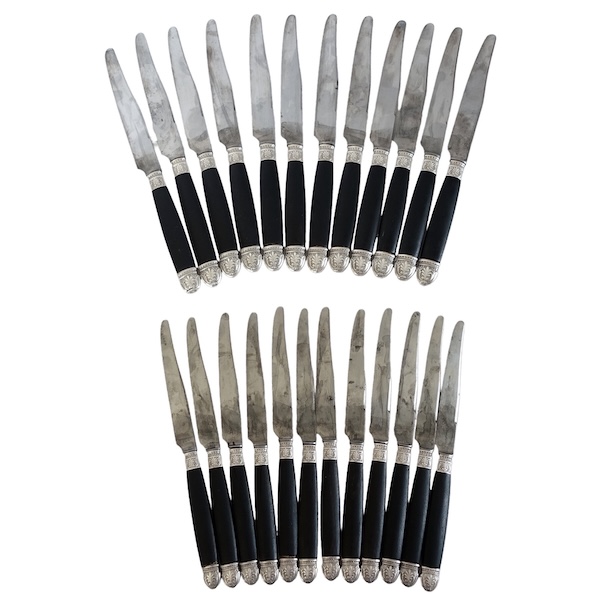 Ménagère de couteaux de style Empire en ébène, viroles et culots en argent massif - 24 pièces