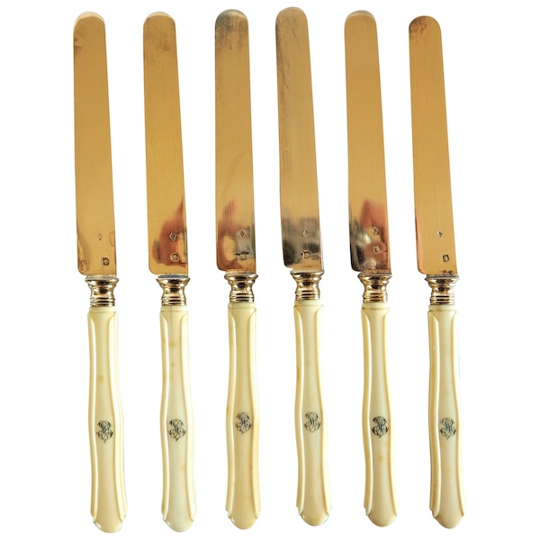 6 Napoleon III fruit knives, vermeil blade, ivory handle - circa 1870