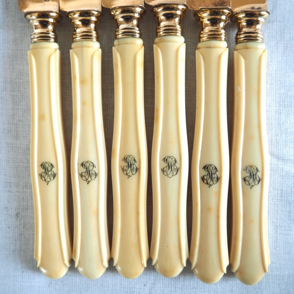 6 Napoleon III fruit knives, vermeil blade, ivory handle - circa 1870