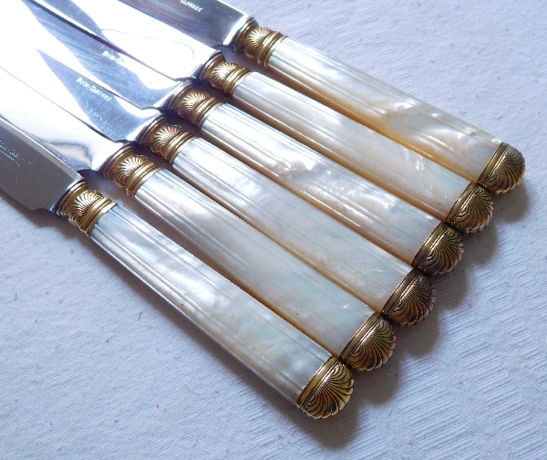 Set of 6 mother of pearl and vermeil knifes set, Boin Taburet