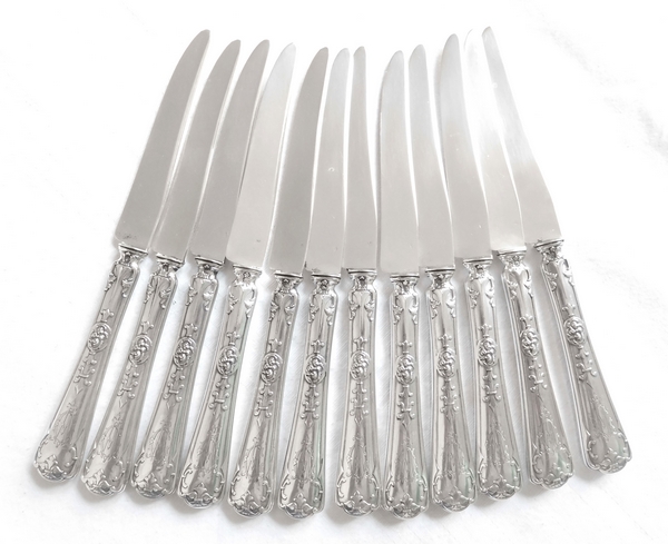 6 sterling silver fruit knives, Renaissance style, Fer de Lance pattern, silversmith Puiforcat