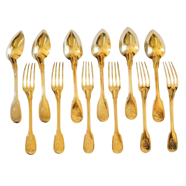 Queille : vermeil dessert cutlery set (sterling silver) - 12 pieces - 19th century