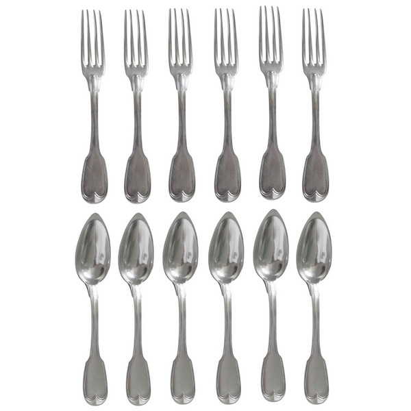 12 sterling silver table forks and spoons, early 19th century