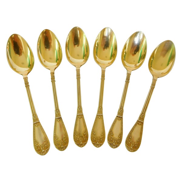 6 PETITES CUILLERES A CAFE MOKA RENAISSANCE ARGENT MASSIF VERMEIL SILVER  SPOON