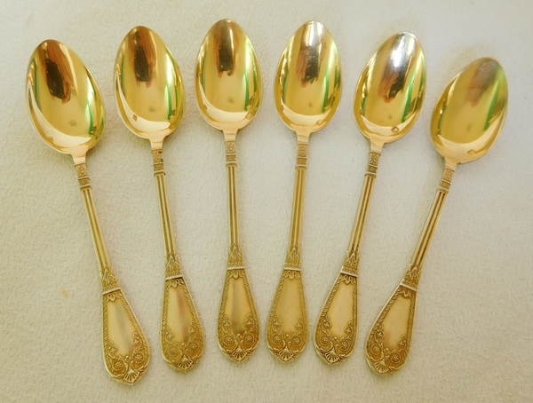 6 PETITES CUILLERES A CAFE MOKA RENAISSANCE ARGENT MASSIF VERMEIL SILVER  SPOON