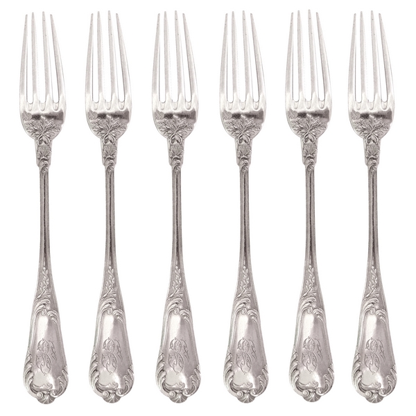 6 sterling silver Louis XV style dessert forks, silversmith Vve Compère