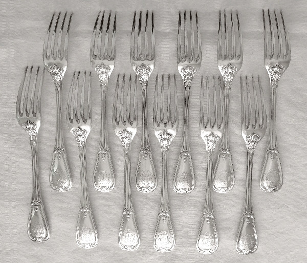 Odiot / Puiforcat : 6 sterling silver table forks, French Regency style, late 19th century, coat of arms