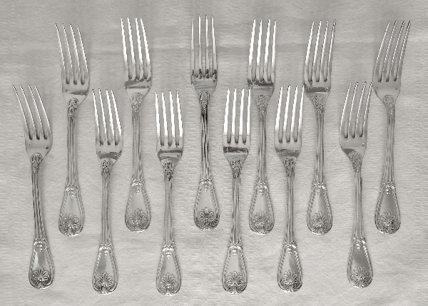 Odiot / Puiforcat : 6 sterling silver table forks, French Regency style, late 19th century, coat of arms