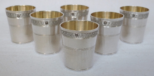 6 antique French sterling silver liquor goblets, Empire style, Louis Coignet