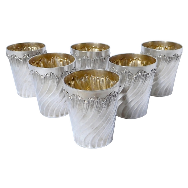 6 verres à liqueur Louis XV Rocaille en argent massif et vermeil, poinçon Minerve, par Armand Gross