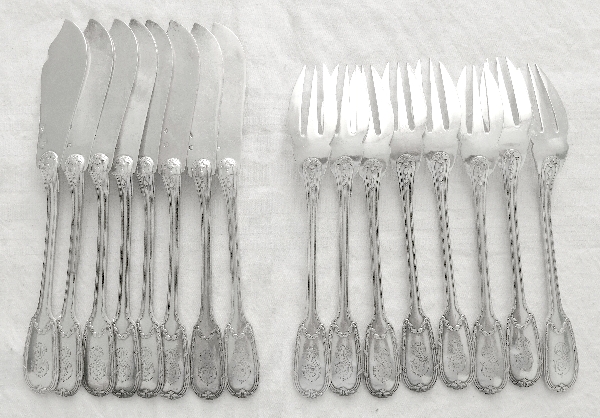 Sterling silver fish flatware, Louis XVI style, silversmith Puiforcat