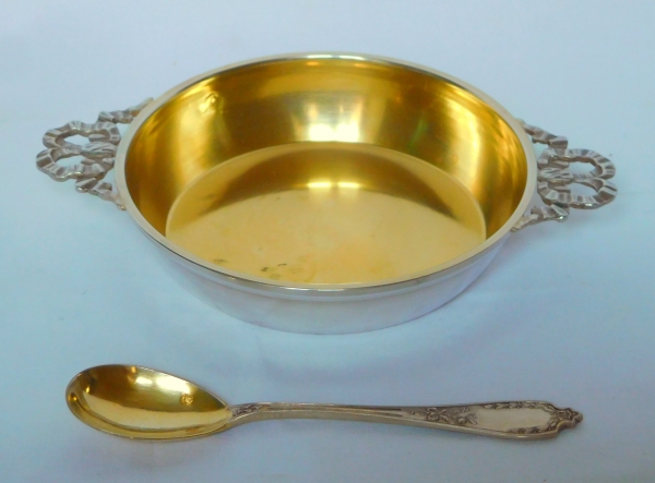 Louis XVI style sterling silver and vermeil plate for baby meals and its spoon