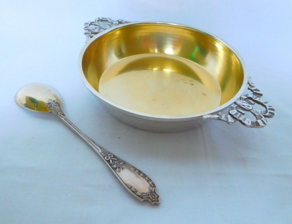 Louis XVI style sterling silver and vermeil plate for baby meals and its spoon
