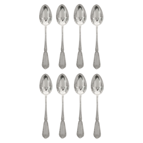 Puiforcat : set of 8 sterling silver coffee spoons, Transition style Pompadour pattern