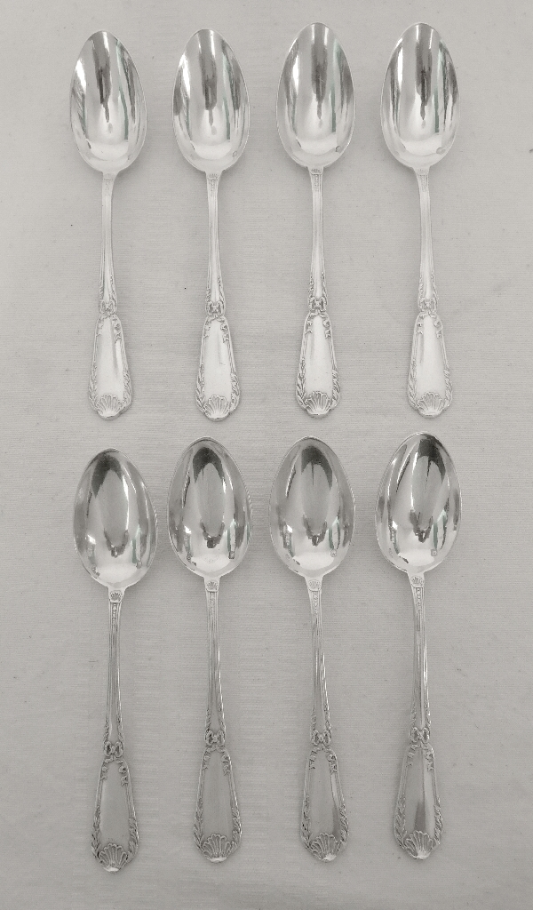 Puiforcat : set of 8 sterling silver coffee spoons, Transition style Pompadour pattern