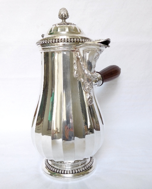 Puiforcat : tall sterling silver chocolate pot or coffee pot, Louis XVI style