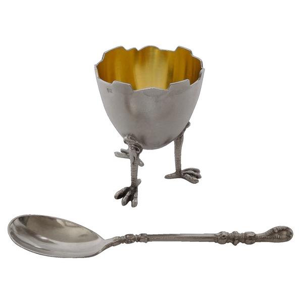 Antique sterling silver & vermeil egg cup and spoon, cracked eggshell & chicken feet