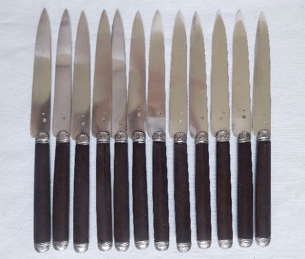 French antique sterling silver and mahogany knives - set for 12, late 19th century