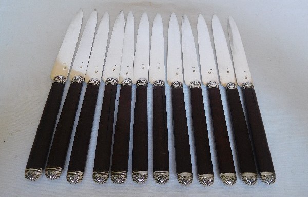 French antique sterling silver and mahogany knives - set for 12, late 19th century