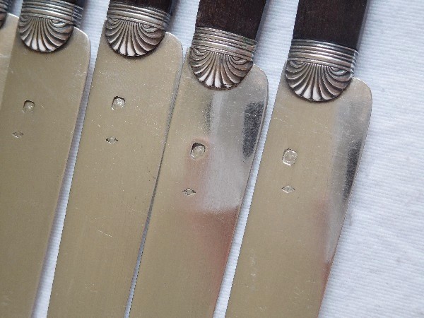 French antique sterling silver and mahogany knives - set for 12, late 19th century