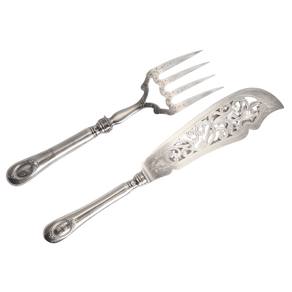 Louis XVI style sterling silver fish serving set, crown of count - silversmith Henin Freres