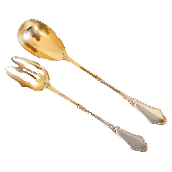 Sterling silver and vermeil salad serving set, Louis XV style, Art Nouveau period, silversmith Boivin