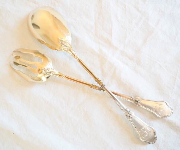 Sterling silver and vermeil salad serving set, Louis XV style, Art Nouveau period, silversmith Boivin