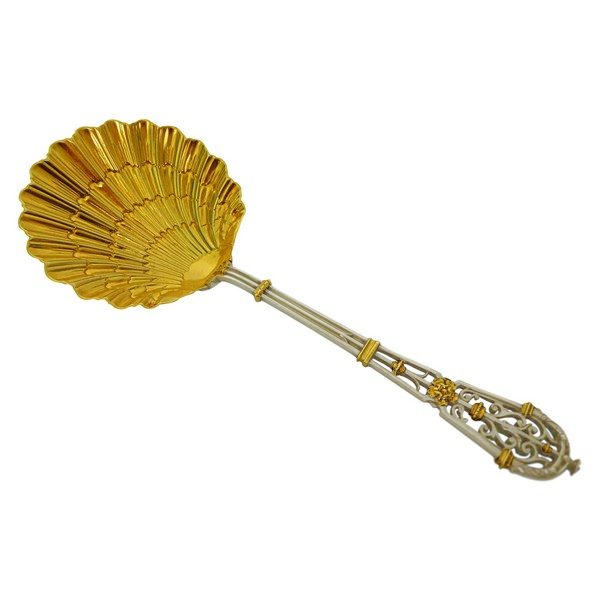 Sterling silver & vermeil strawberry spoon, Renaissance style Ferrure pattern, silversmith Puiforcat