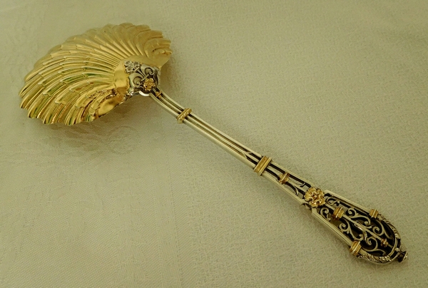 Sterling silver & vermeil strawberry spoon, Renaissance style Ferrure pattern, silversmith Puiforcat