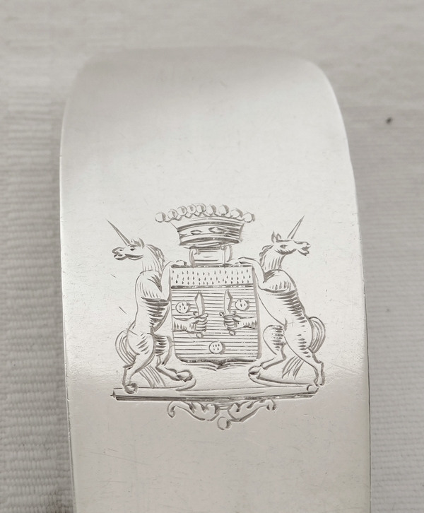 Cuillère à pot ou ragoût en argent massif, poinçon Coq, armoiries Comtes de Thomas du Fossé