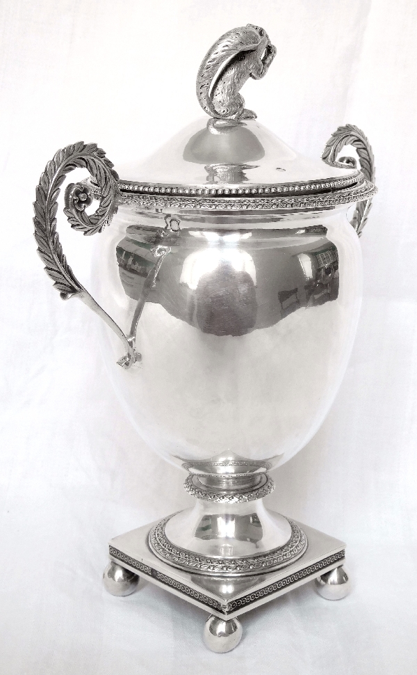 Antique French sterling silver drageoir, candy box or sugar bowl, early 19th century