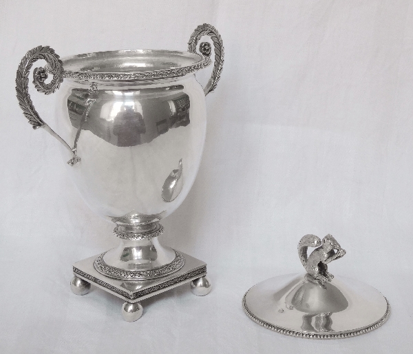 Antique French sterling silver drageoir, candy box or sugar bowl, early 19th century