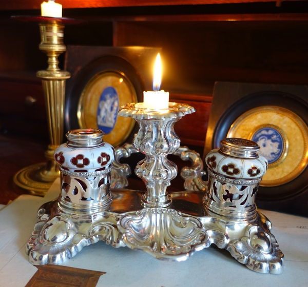 Silver and Baccarat overlay inkwell, 19th century - Napoleon III production