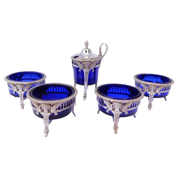 Empire sterling silver mustard and salt set : 4 salt cellars, a mustard pot