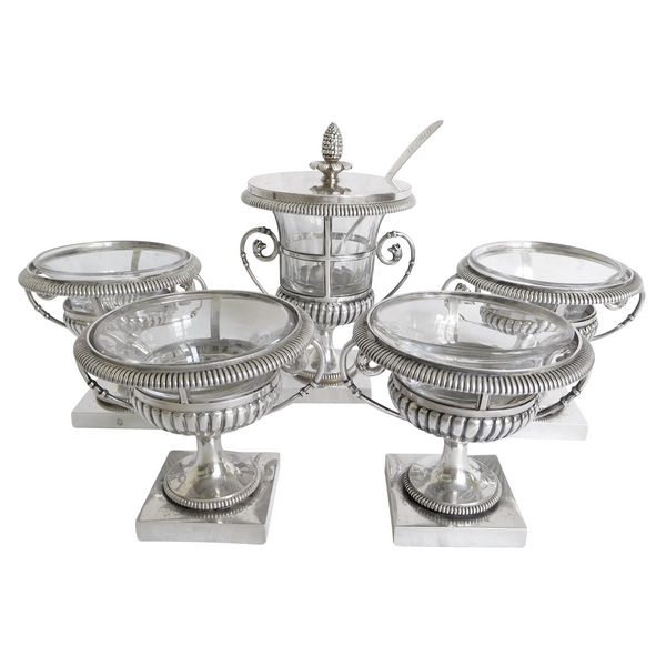 Empire sterling silver mustard and salt set : 4 salt cellars, a mustard pot