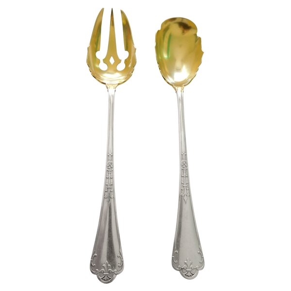 Sterling silver & vermeil salad serving set, Gothic style, Fer de Lance pattern, silversmith Puiforcat