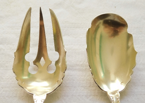 Sterling silver & vermeil salad serving set, Gothic style, Fer de Lance pattern, silversmith Puiforcat