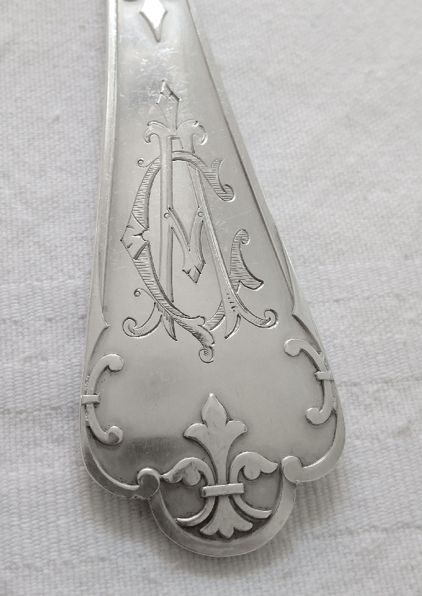 Sterling silver fish serving set, Gothic style, Fer de Lance pattern, silversmith Puiforcat