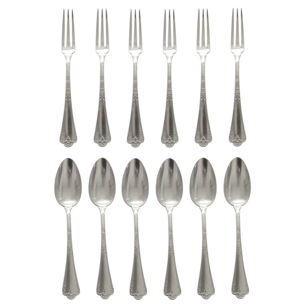 Sterling silver flatware dessert set for 6, Gothic style, Fer de Lance pattern, silversmith Puiforcat